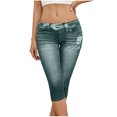thumbnail image 3 of VBVC Women's Denim-Look Capri Leggings,High Waisted Stretchy Faux Jeans Capris For Women,Ladies Floral Embellished Casual Yoga Pants,Green,S-2XL, 3 of 7