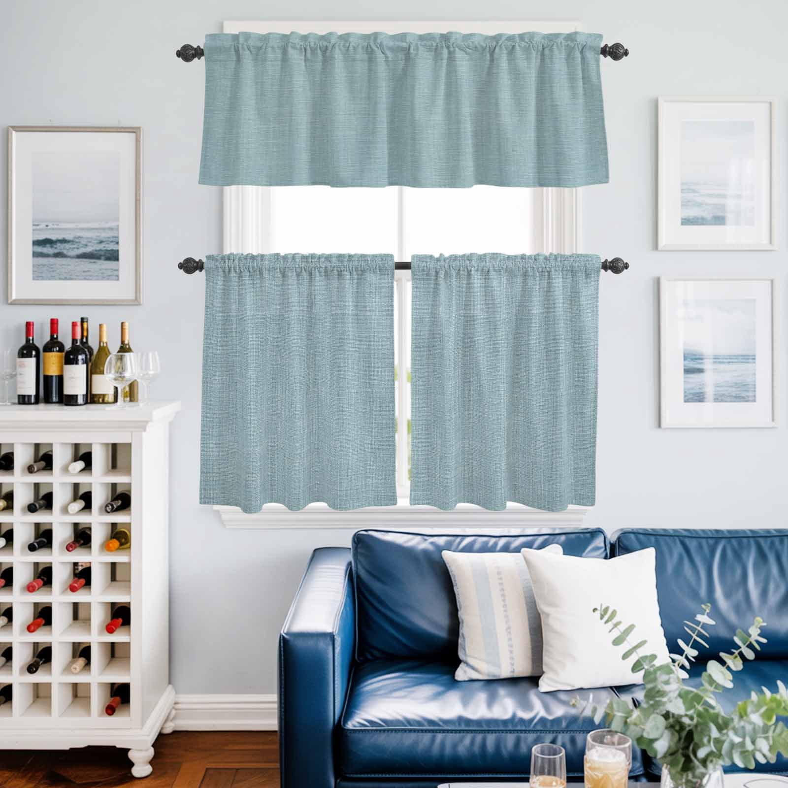 Vintage Haze Blue Kitchen Curtains Sets for Windows 36 Inch Length, Farmhouse Retro Solid Color Linen Texture Rod Pocket Window Treatments Tier Curtains and Valances Set for Bedroom/Bathroom