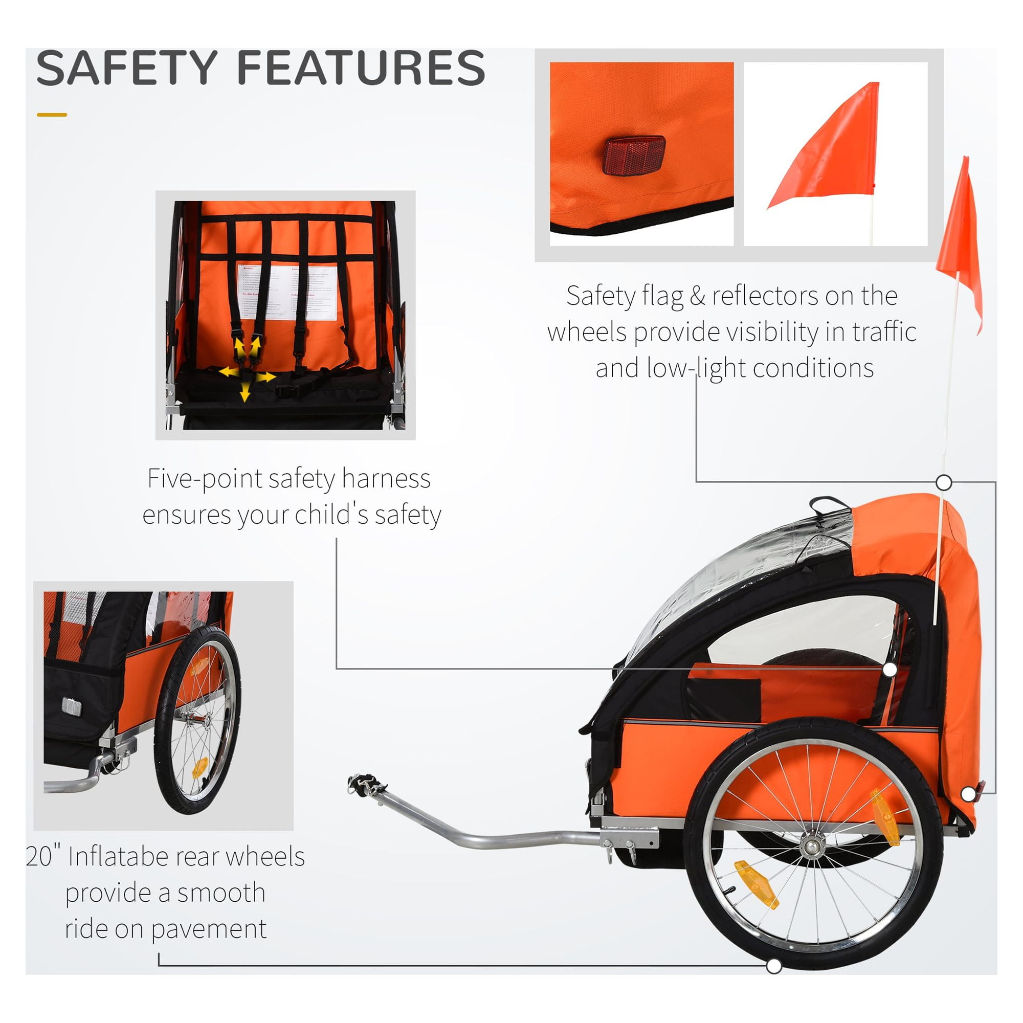 Aosom 2-Seat Child Bike Trailer for Kids with a Strong Steel Frame, 5-Point Safety Harnesses, & Comfortable Seat, Orange