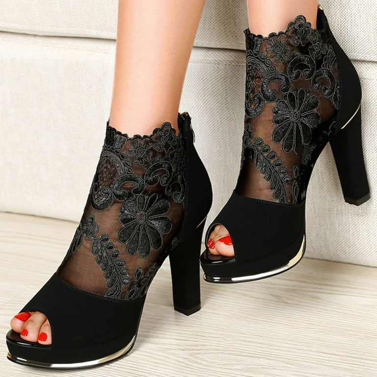 Women Peep Toe Ankle Bootie Lace Flowers Open Toes High Heels Ankle Cutout  Boots Fashion Slingback Chunk Boots Shoes