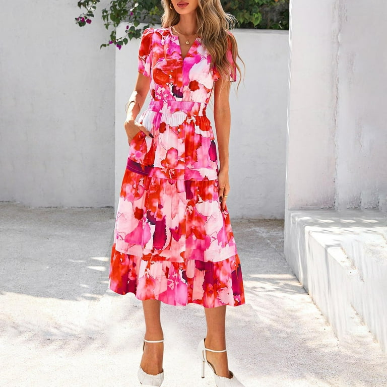 ITSAME Maxi Dress for Womens, V Neck Floral Short Sleeve Summer Flowy Beach  Dress Red S - Walmart.com
