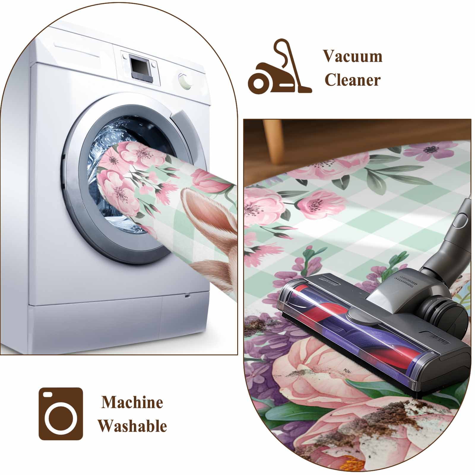 Easter Bunny Roses Round Area Rug 4Ft Washable Circle Rugs for Bedroom Dining Room, Pink Floral Spring Green Buffalo Plaid Non-Slip Carpet Floor Mats Indoor Outdoor Carpet Runner Aesthetic Home Decor