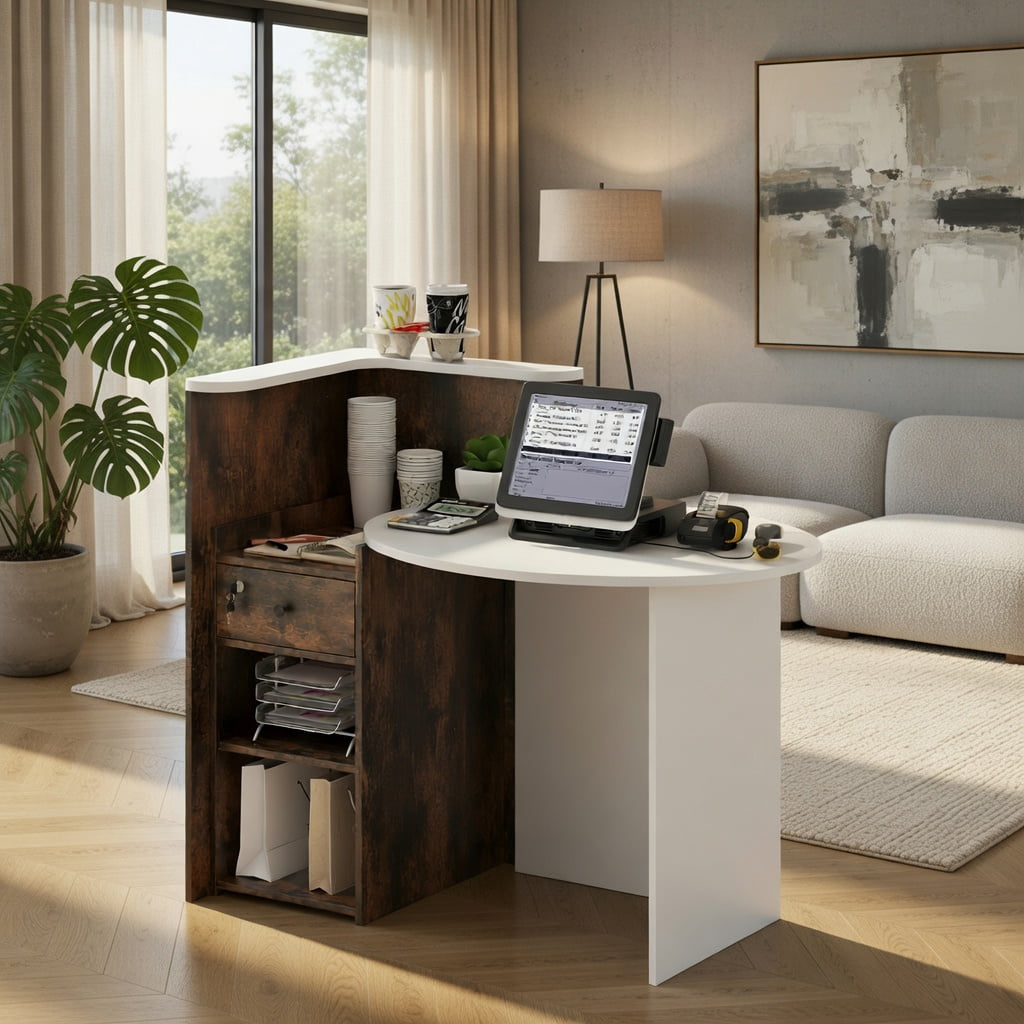 Demi Bonn Front Reception Office Desk with Open Shelf and Lockable Drawer, Small Home Computer Desk Study Writing Table, White + Brown