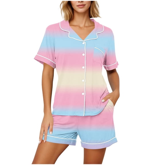 SOOMLON Button up Pajamas Women Short Plus Size Short Sleeve PJS Collared Top Gradient Two Piece Sleepwear with Pockets