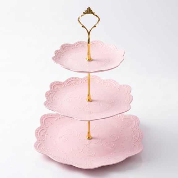 Aemutady 3-Tier Serving Tray, Pink Pedestal Snack Stand with Elegant Scalloped Edge Design, Large Capacity Food Display Tray for Home, Parties, Weddings (13.2" H)