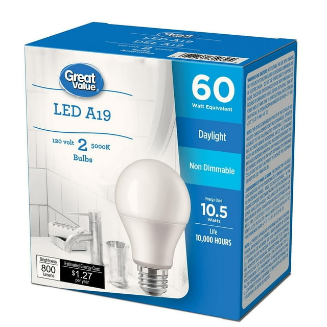 Great Value 60W A19 Daylight LED bulbs 2-pack