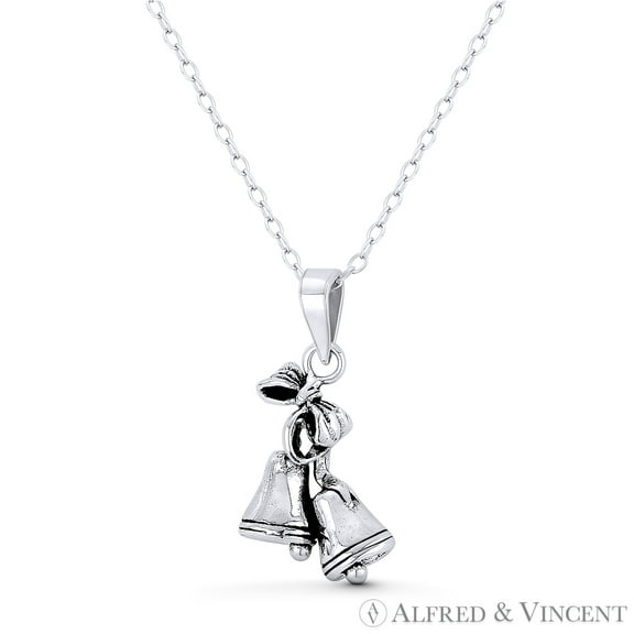 Twin Bell & Ribbon Christmas Holiday Season Charm 24x12mm (0.9x0.5in) Pendant & Chain Necklace in Oxidized .925 Sterling Silver