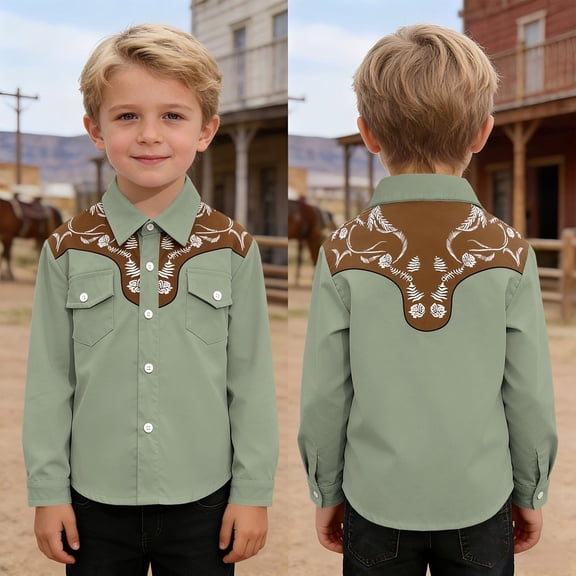 Boys T Shirts Boys Western Cowboy Print Long Sleeve Button Down Shirt Girls' Tops Army Green 4-5 Years