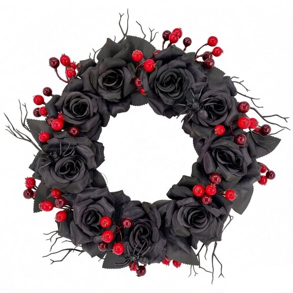 13.65 Inch Halloween Wreath for Front Door, Spider Rose Wreath with Berries Dead Branches, Realistic and Full for Home Party Window Wall Indoor Outdoor