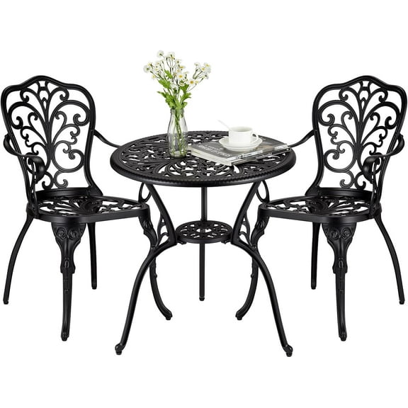 Patio Bistro Sets 3 Piece Outdoor Cast Aluminum Patio Bistro Set, Patio Table and Chairs Set of 2 with Umbrella Hole for Yard, Garden, Balcony, Poolside, Black
