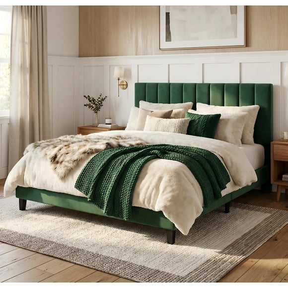 QinaQin Queen-Size Bed Frame, Velvet Upholstered Platform Bed with Adjustable Vertical Quilted Headboard, No Spring Mattress Required, Easy To Assemble