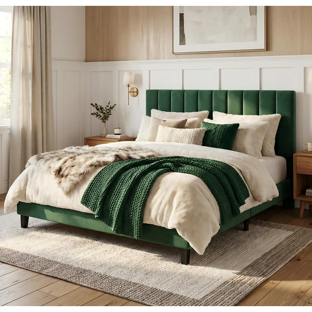 Yeshouse Estructura de cama tamaño Queen, cama plataforma tapizada en terciopelo con cabecero ajustable con capitoné vertical, no requiere somier, fácil montaje
