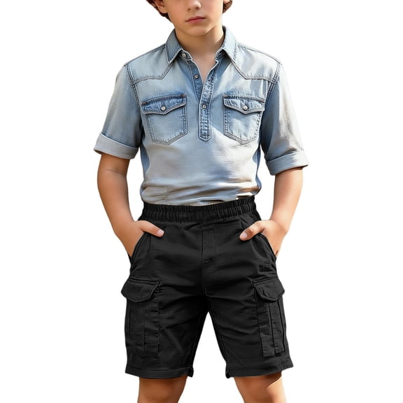 CPNG Boys Athletic Cargo Shorts Solid Color Sport Cargo Shorts Elastic High Waist Casual Loose Cargo Shorts Outwear Shorts(Black,11-12 Years)