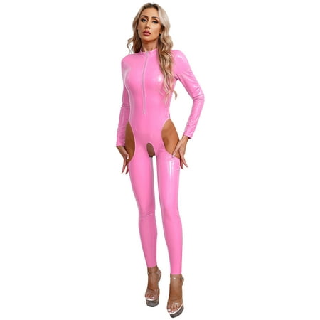 Zaldita Women s Metallic Leather Bodysuit Hollow Out Jumpsuit Front Zipper Long Sleeves Full Catsuits Pink XXL