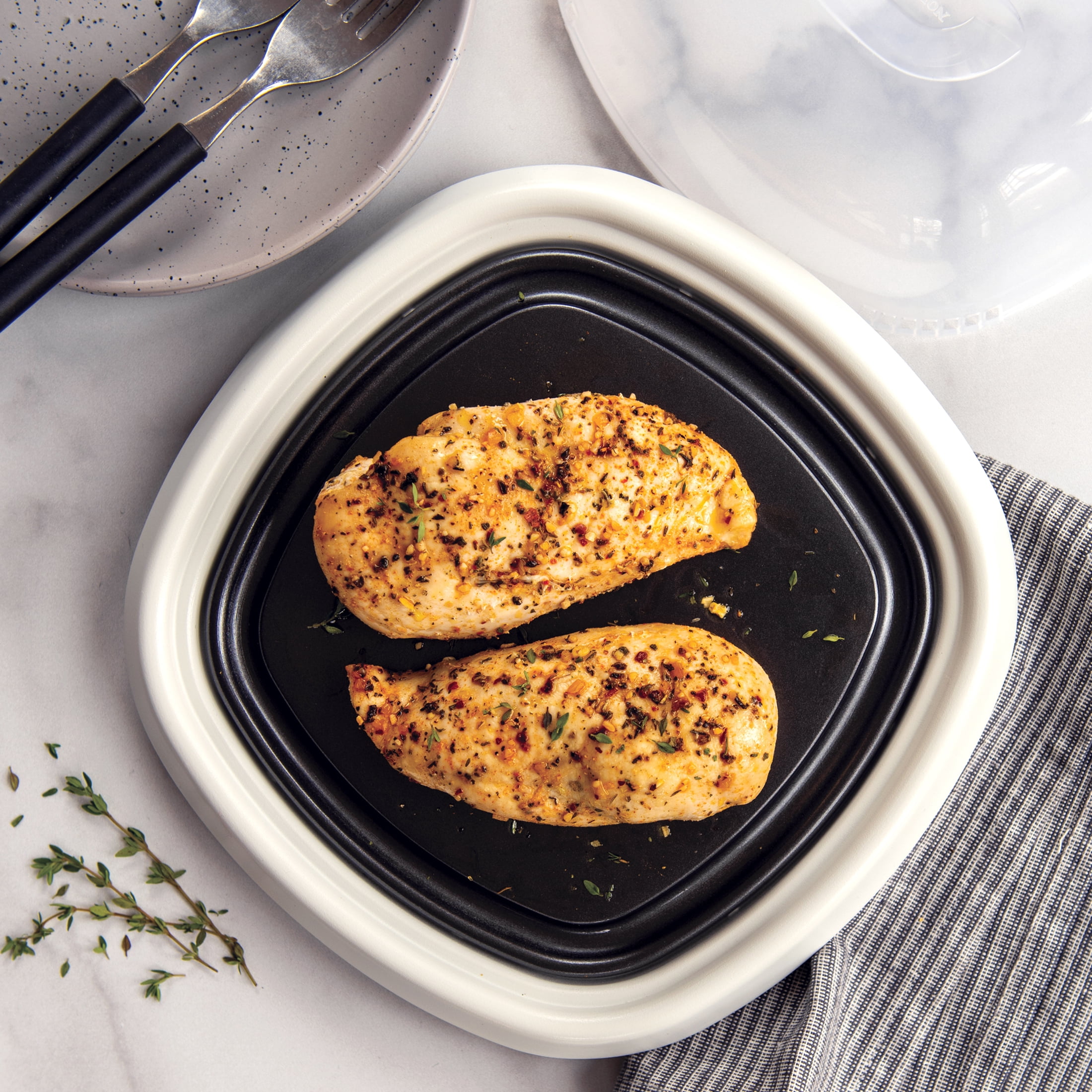 Nordic Ware 6.5" Crisper Plate, 10.1" Base, Quick Crisp Microwave Browning Pan with Lid, black, white and clear, 68302W
