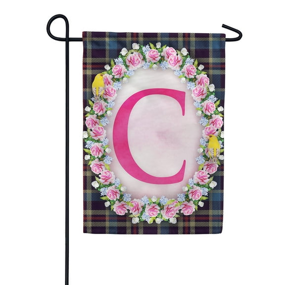 America Forever Spring Monogram Garden Flag Letter C 12.5 x 18 inches Double Sided Vertical Outdoor, Yard, Lawn, Seasonal Decorative Yellow Flowers, Pink Rose, Floral Wreath Garden Flag