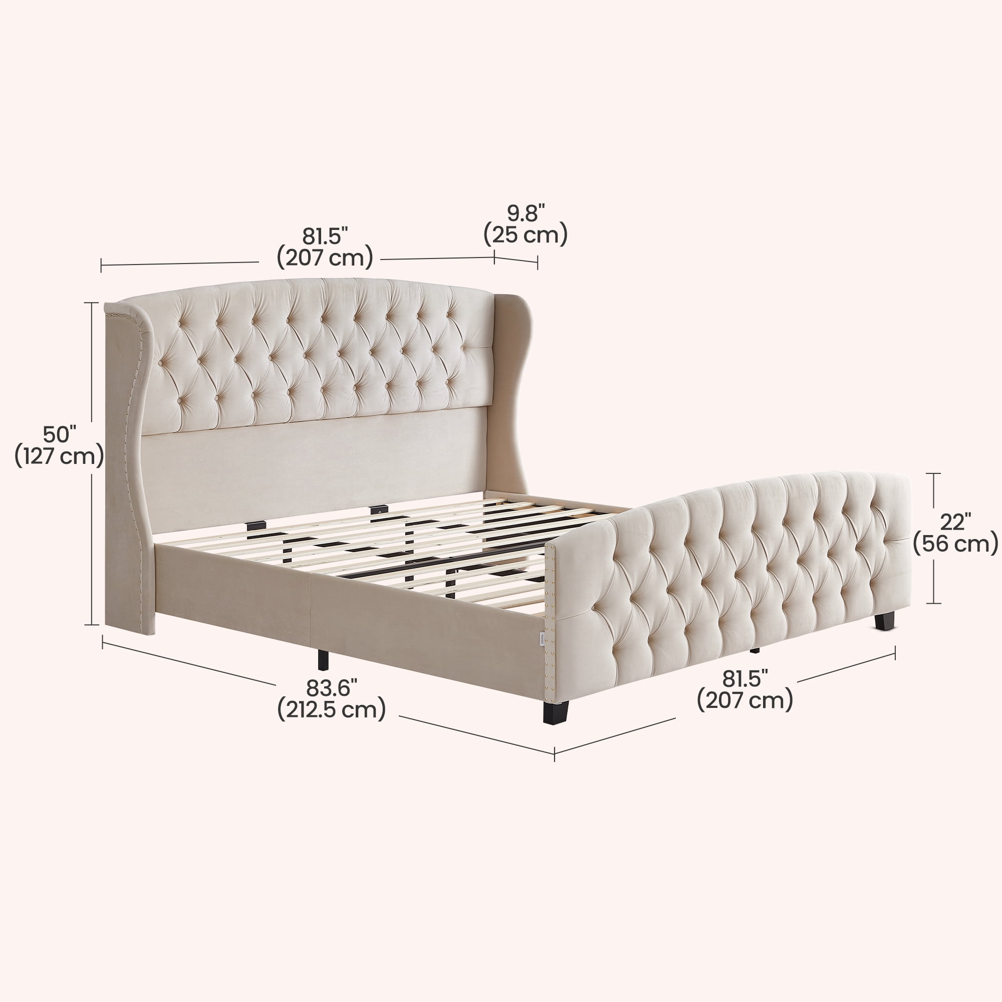 LEDREM King Size Upholstered Platform Bed Frame, 50-Inch Tall Wingback Tufted Headboard & 25-Inch Footboard, 1000 lb Capacity, Cappuccino Beige