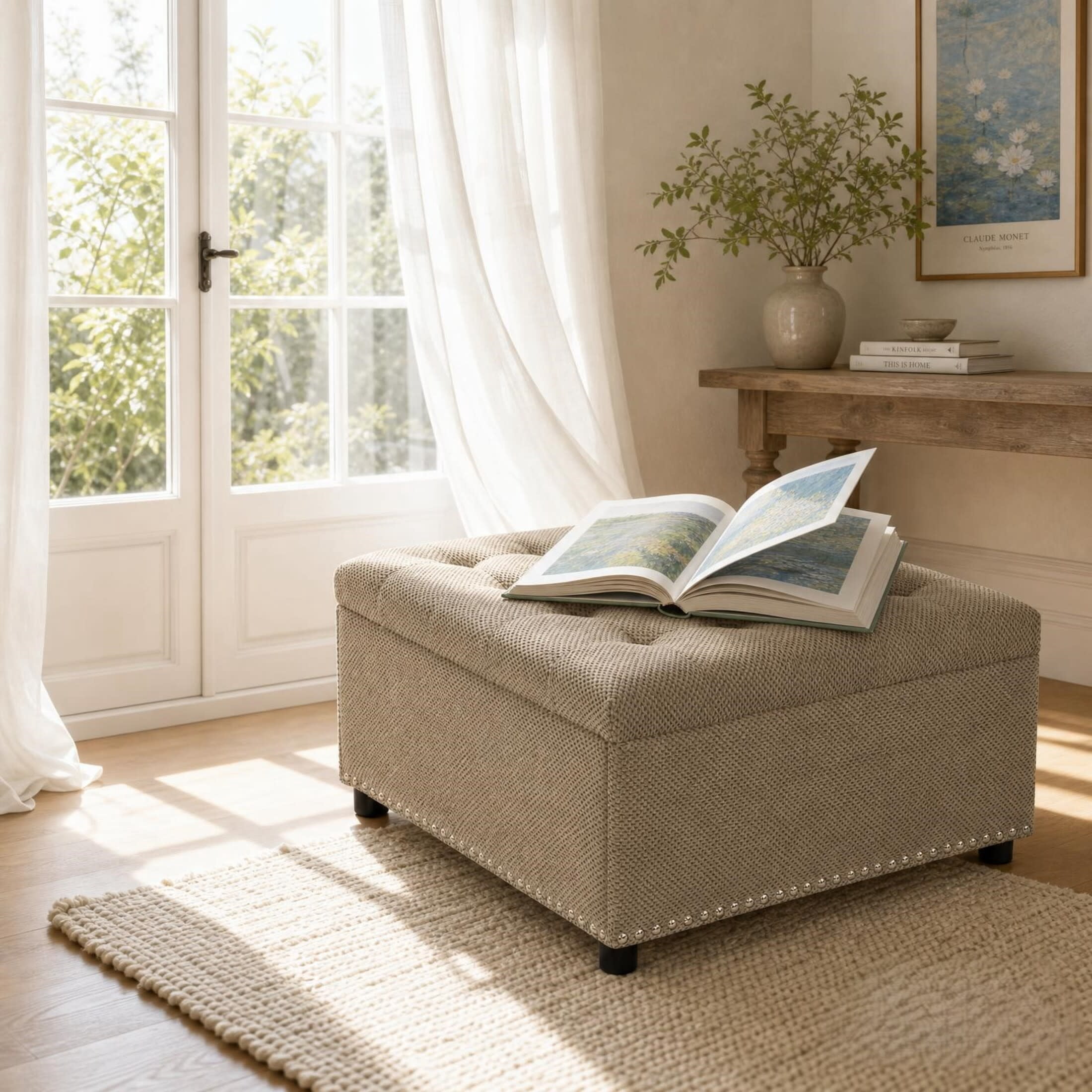 Noble House 30" Square Storage Ottoman with Tufted Top, Nailhead Trim, Camel