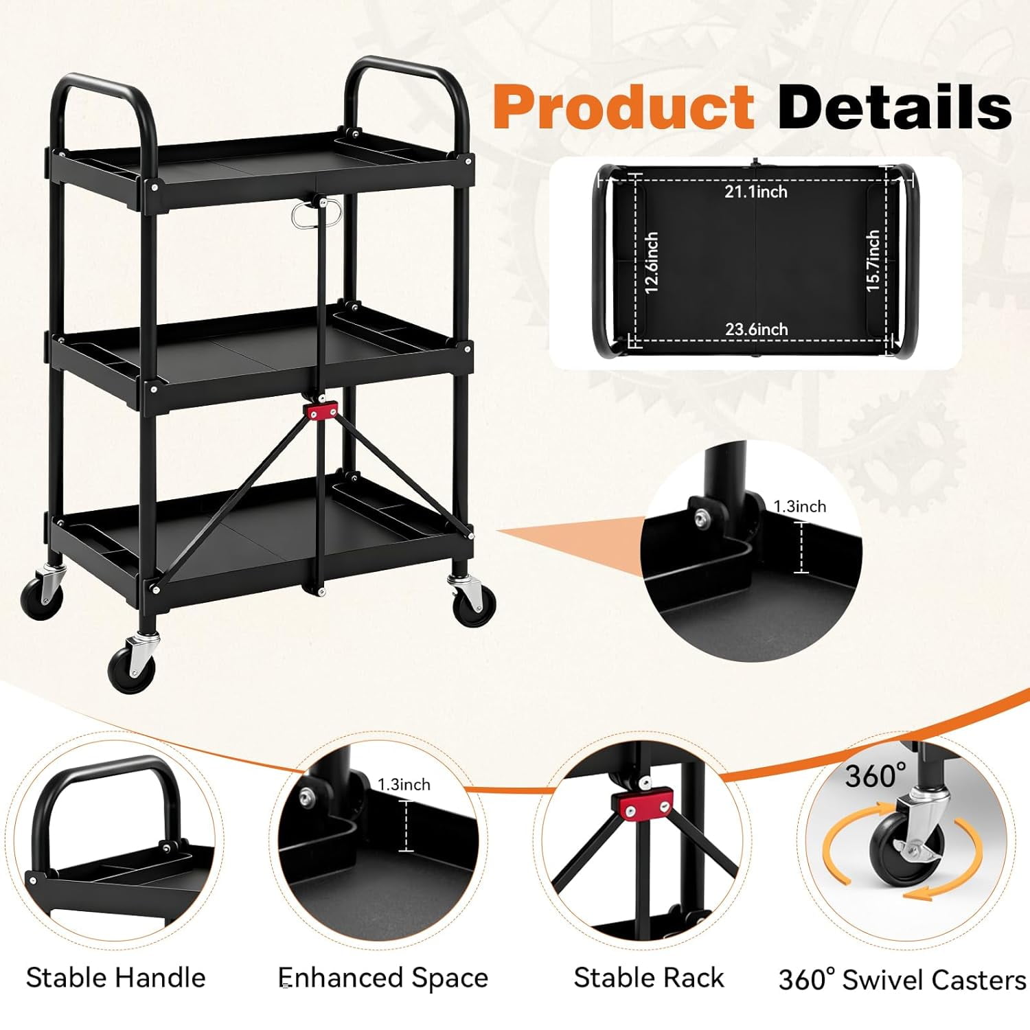 Gianna 3-Tier Foldable Utility Collapsible Service Cart, 120LBS Capacity, Black