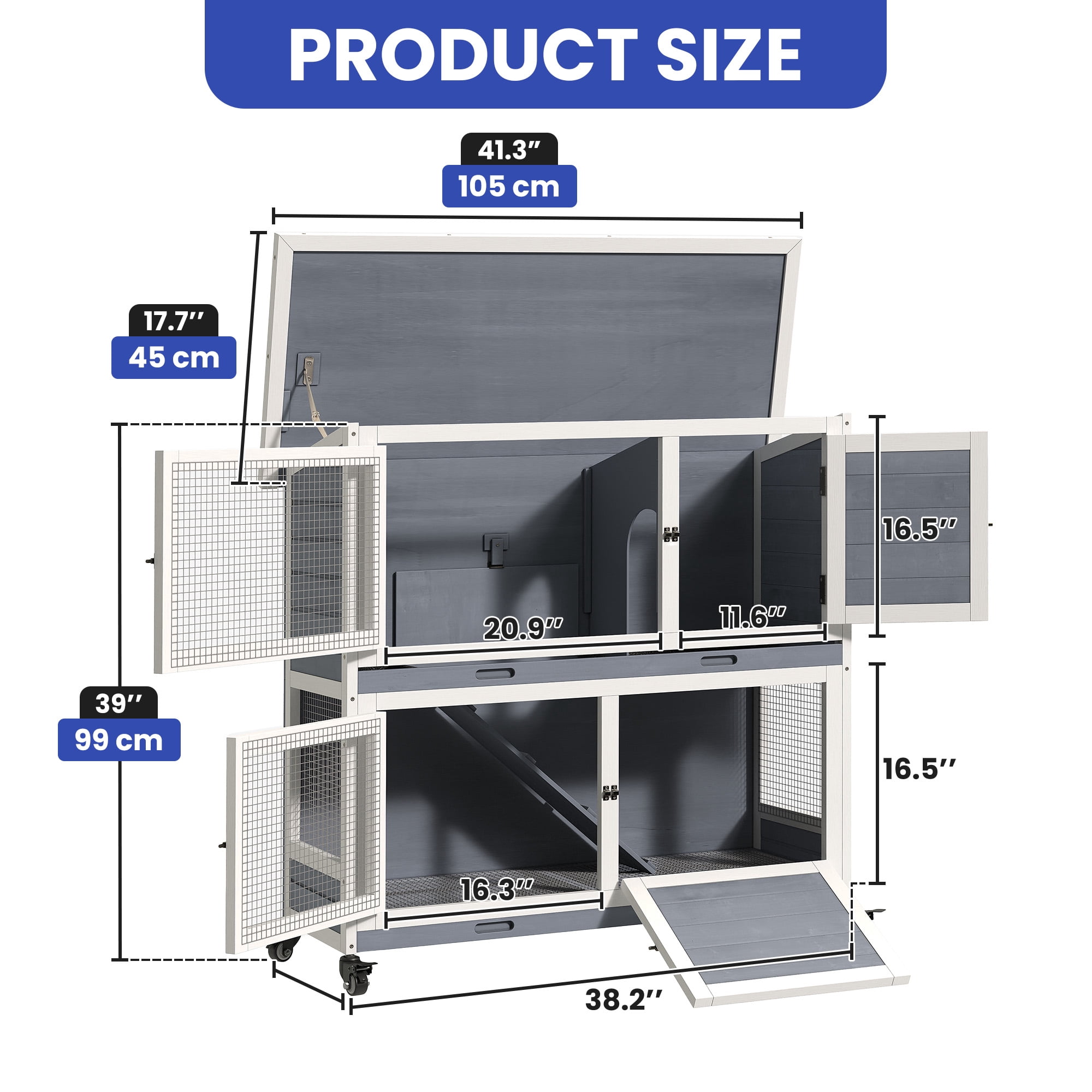 ModFusion 41" Portable Rabbit Hutch with Wheels, Opening Roof & Removable Tray for Indoor/Outdoor