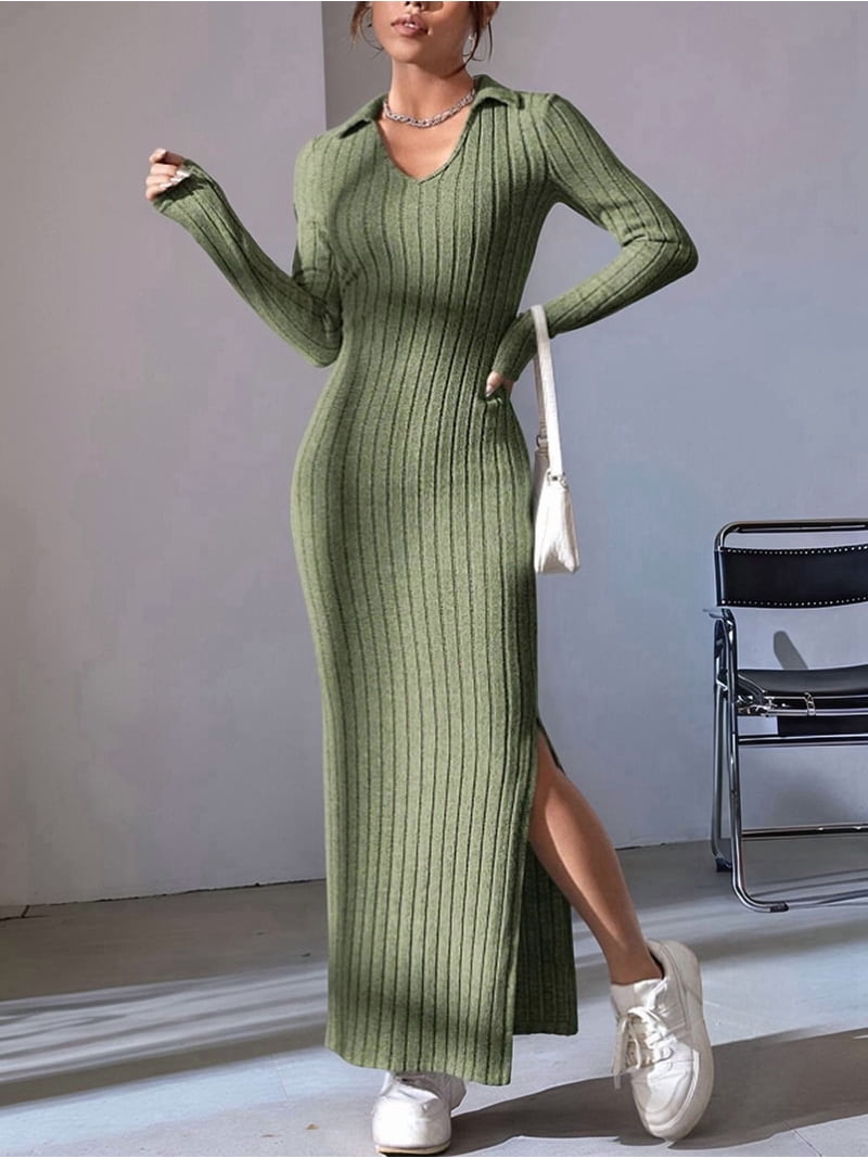 Women'S Long Sleeve Collar V Neck Maxi Dress Slit Thigh Ribbed Knit Bodycon Dresses Green S
