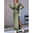 thumbnail image 5 of Women'S Casual Long Sleeve Collar V Neck Maxi Sweater Dress Slit Thigh Ribbed Knit Bodycon Pencil Dresses Green L, 5 of 9