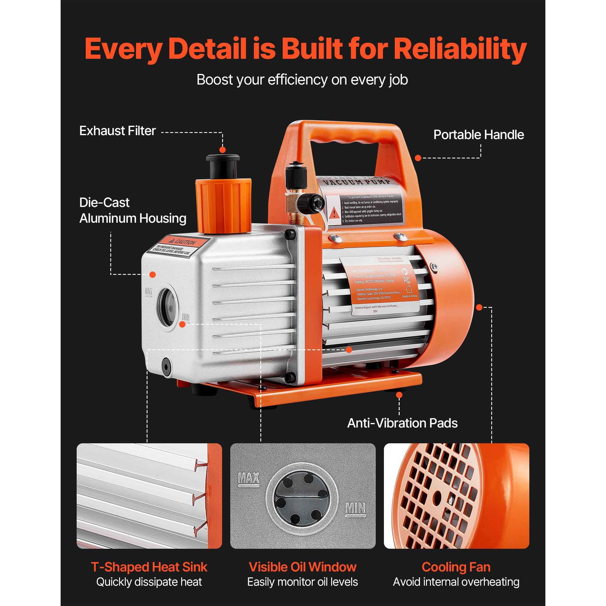KFFKFF 3.5 CFM 1/4 HP Single Stage Rotary Vane Vacuum Pump, Ideal for HVAC Systems, Includes Oil Bottle, 1720 RPM, Suitable for Automotive AC Maintenance and Resin Degassing