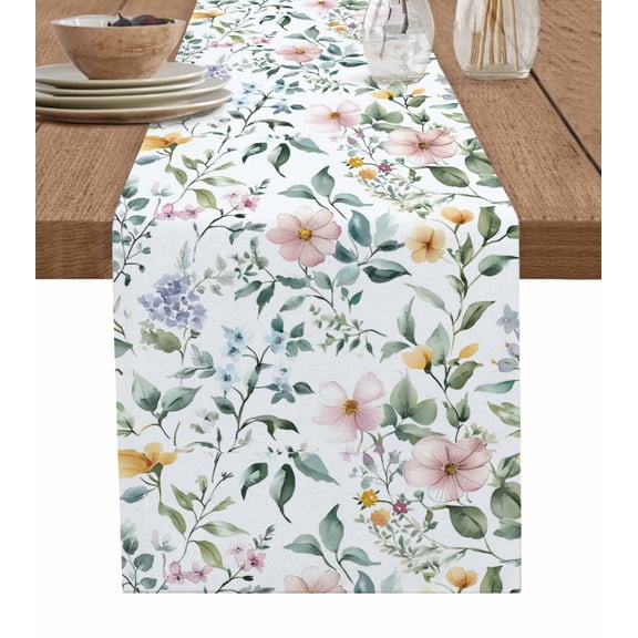 Spring Flowers Table Runner 72 Inches, Watercolor Colorful Botanical Herbs Bed Runner Dresser Scarves Tabletop for Indoor Outdoor Parties/Ceremony/Banquet, 13" x 72"