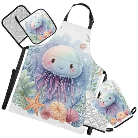 Ryvnso Cute Jellyfish Kitchen Apron Oven Mitts Set Pot Holders