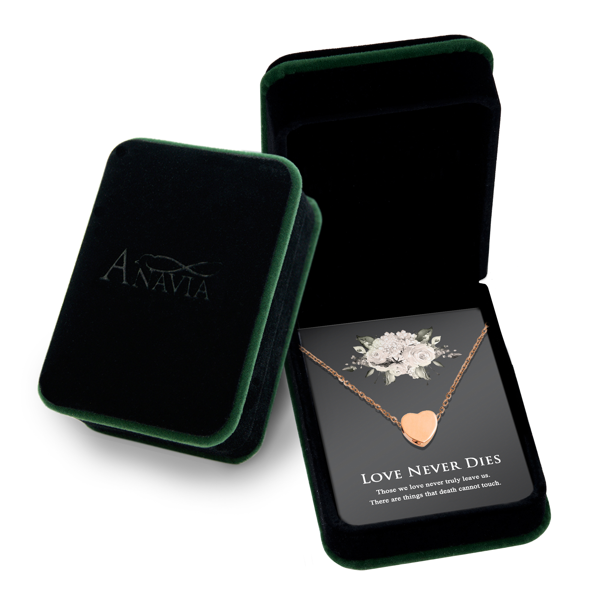 Anavia Mini Heart Cremation Jewelry Stainless Steel Keepsake Memorial Urn Necklace for Human with"Love Never Dies" Comfort Card-[Rose Gold]