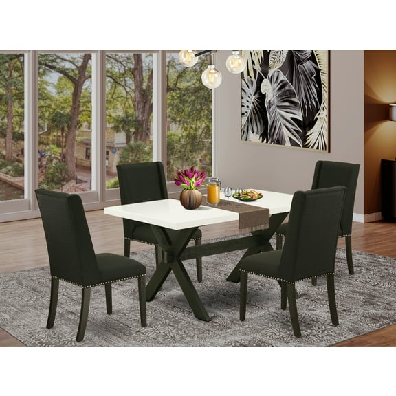 Mid Century Dining Table Set with 4 Chairs - Linen White TabletopBlack Upholstered Seats