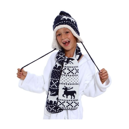2 Piece Winter Set Boys Girls Warm Kids Knit Deer Scarf Fleece Beanie Ski