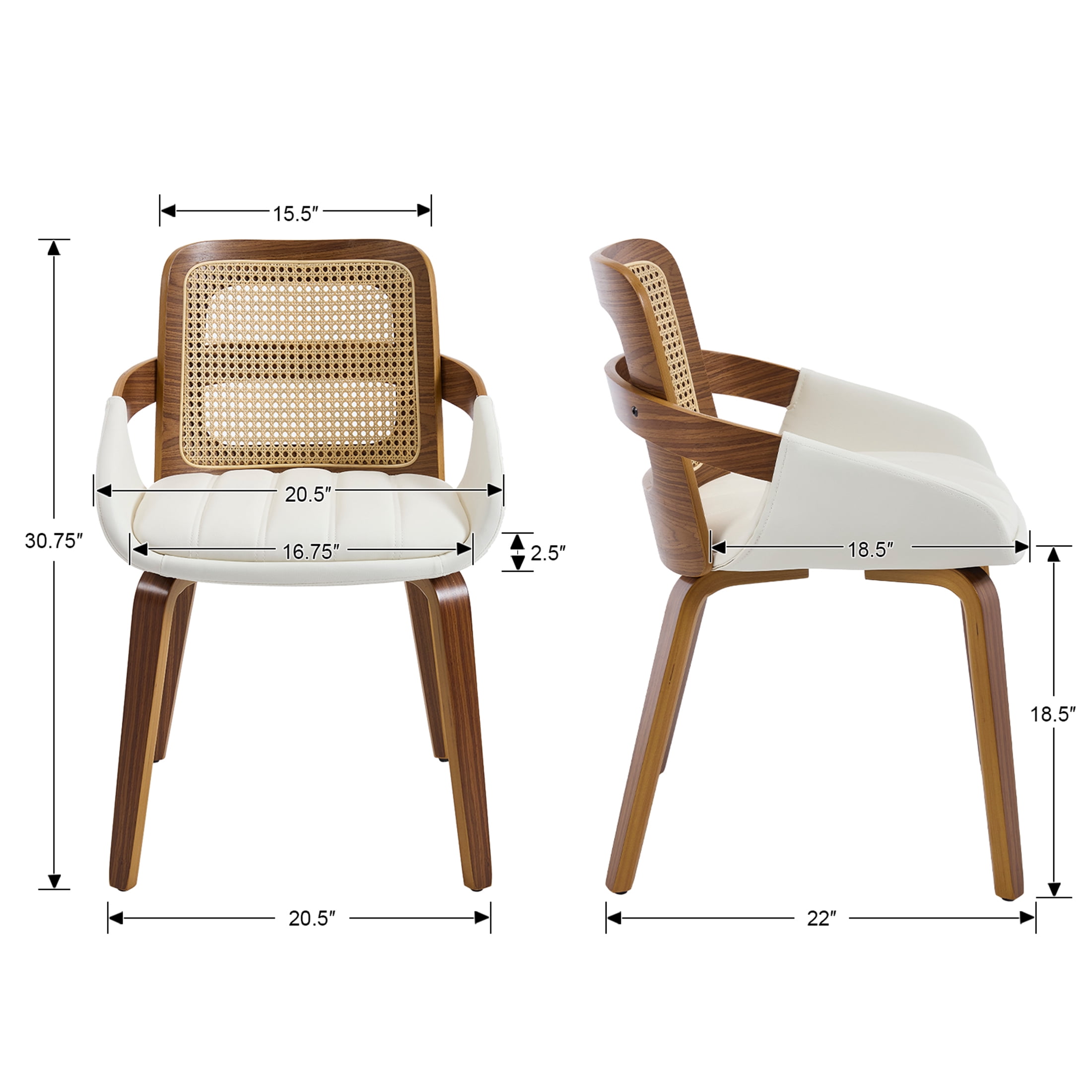 Guyou Modern Rattan Dining Chair Set of 6, Solid Wood Dining Side Chairs, PU Upholstered Kitchen Chairs with Armrests for Kitchen Dining Room Living Room, White