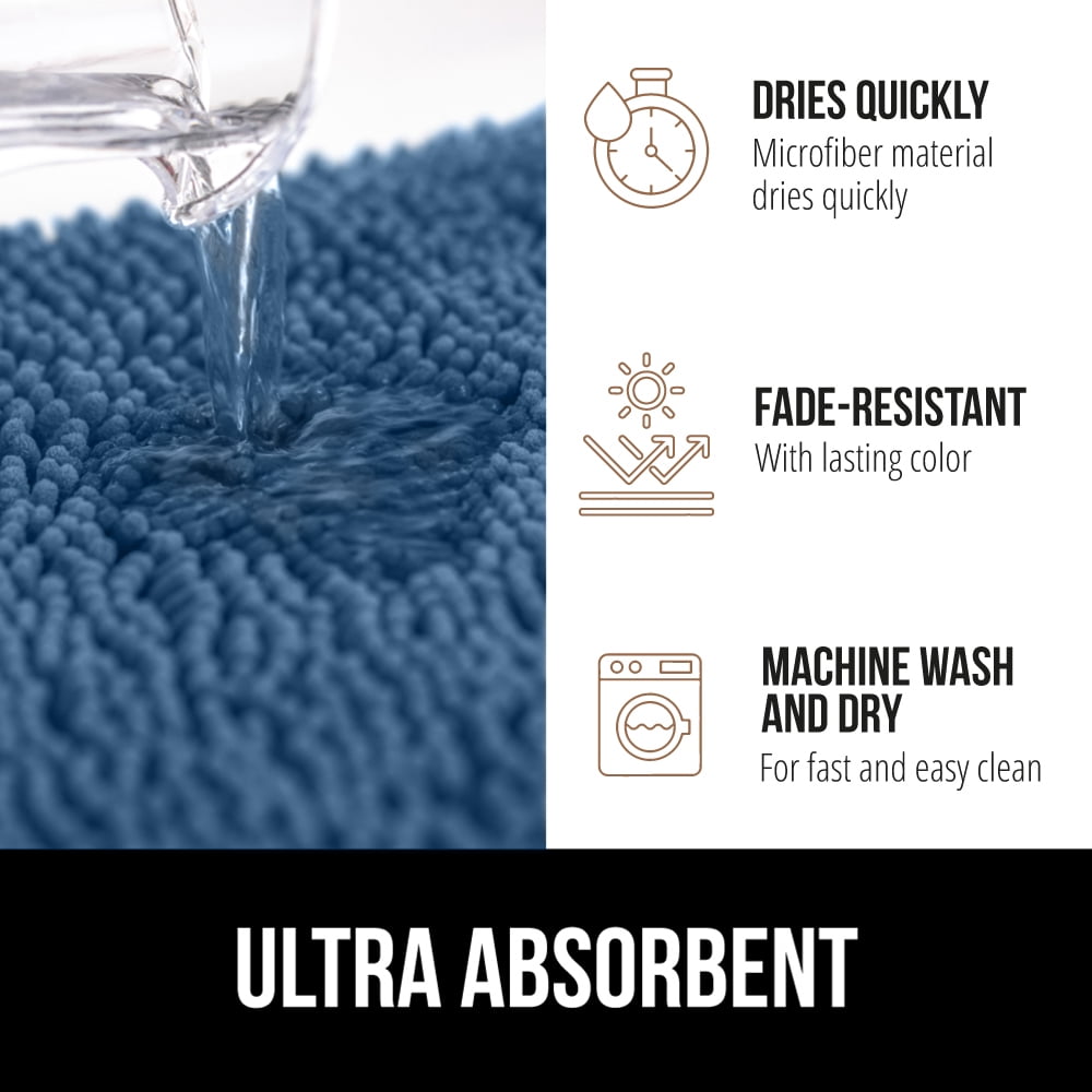 GORILLA GRIP Chenille Bath Rug 24x17, Rubber Backing Quick Dry Washable Microfiber Mats, Blue
