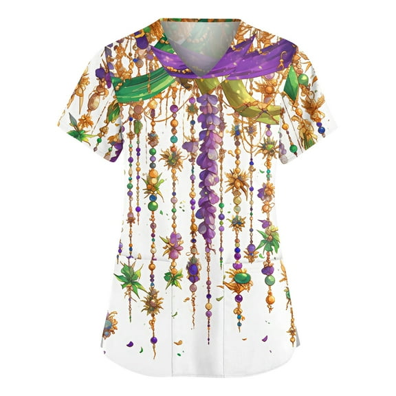 Women Mardi Gras Scrub Tops Plus Size Hoilday V Neck Funny Carnival Mask Printed Scrubs Loose Short Sleeve Scrub Shirts Nursing Workwear Medical Nurse Uniform with Pockets Light Purple 5XL