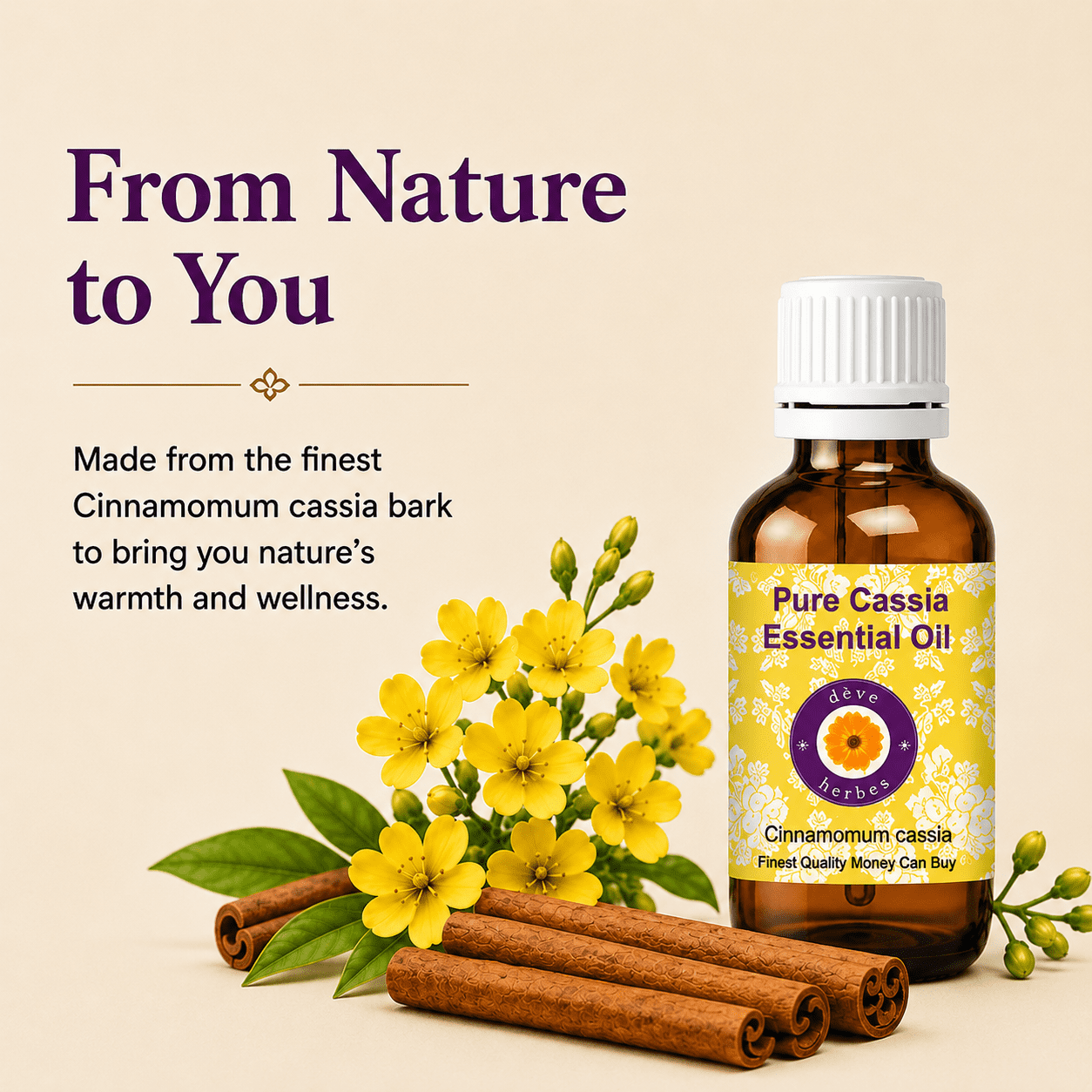 Deve Herbes Cassia Essential Oil (Cinnamomum Cassia) - 3.38 Fl Oz (100ml) - 100% Natural Cassia Oil for Massage, Warming Blends & Aromatherapy- without Dropper