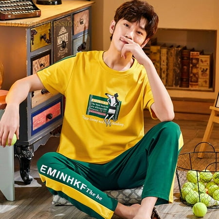 

QWZNDZGR Summer Knitted Cotton Cartoon Mens Pyjamas Pajamas Casual Short Tops +Long Pants Sets Men s Sleepwear Night Pijamas 3XL Homewea