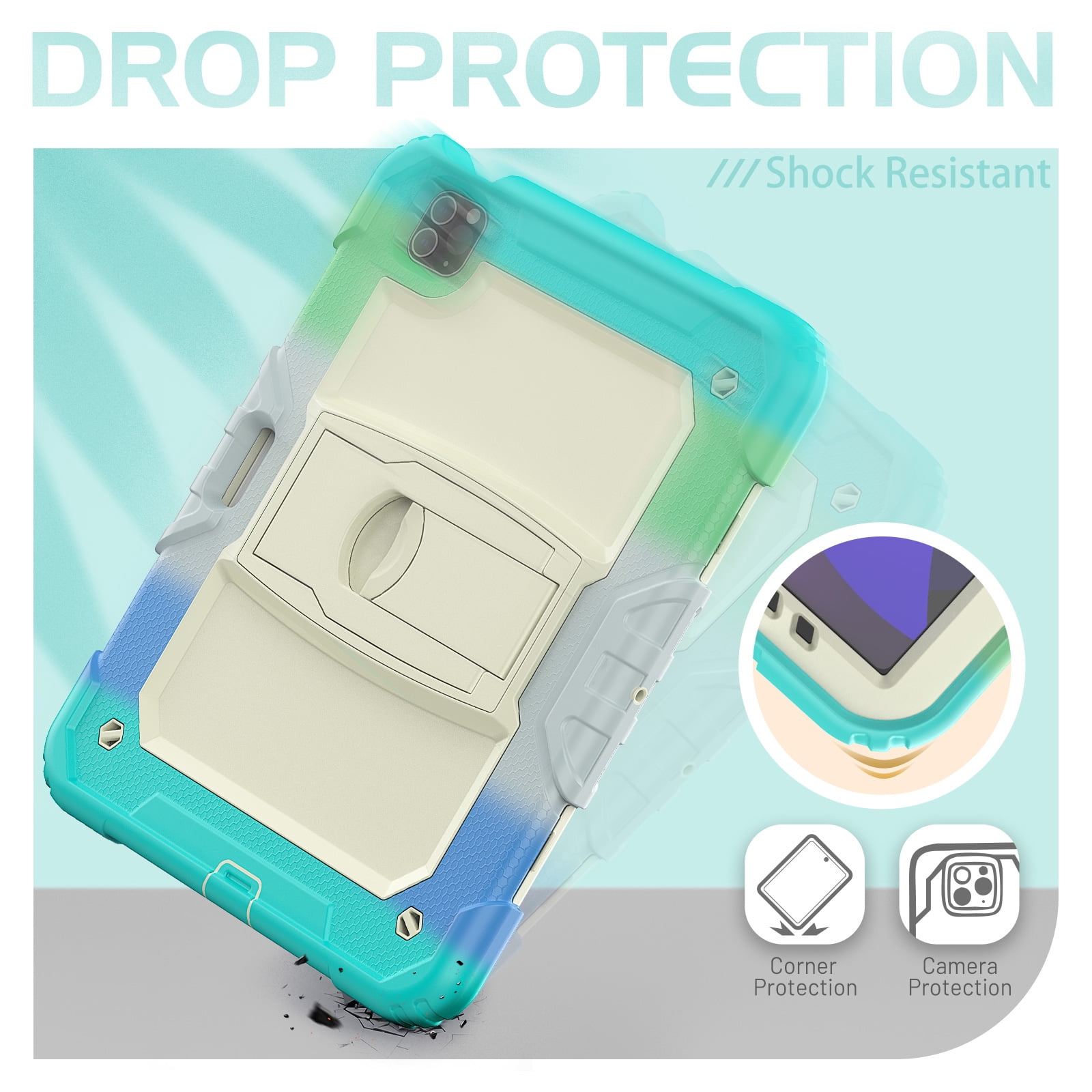 Allytech Shockproof Case for Apple iPad Pro 12.9 Inch 2022/2021/2020/2018(6th/5th/4th/3rd Gen) with Pencil Holder, Rugged Kickstand Shoulder Strap Kids Case with Screen Protector,Colorful Blue
