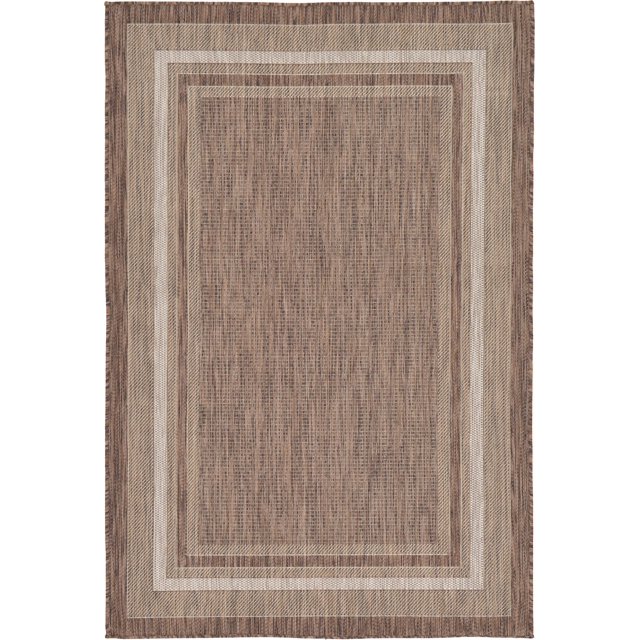 Unique Loom Outdoor Collection Transitional Indoor & Outdoor Casual Solid Tonal Border Area Rug, 4 x 6 ft, Brown/Beige