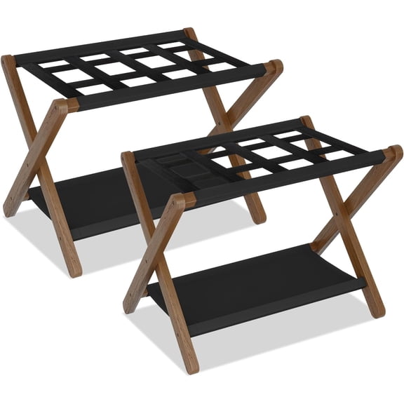 Linqz Folding Luggage Rack with Storage Shelf, 5 Nylon Straps Suitcase Stand for Guest Room Bedroom Hotel, Walnut