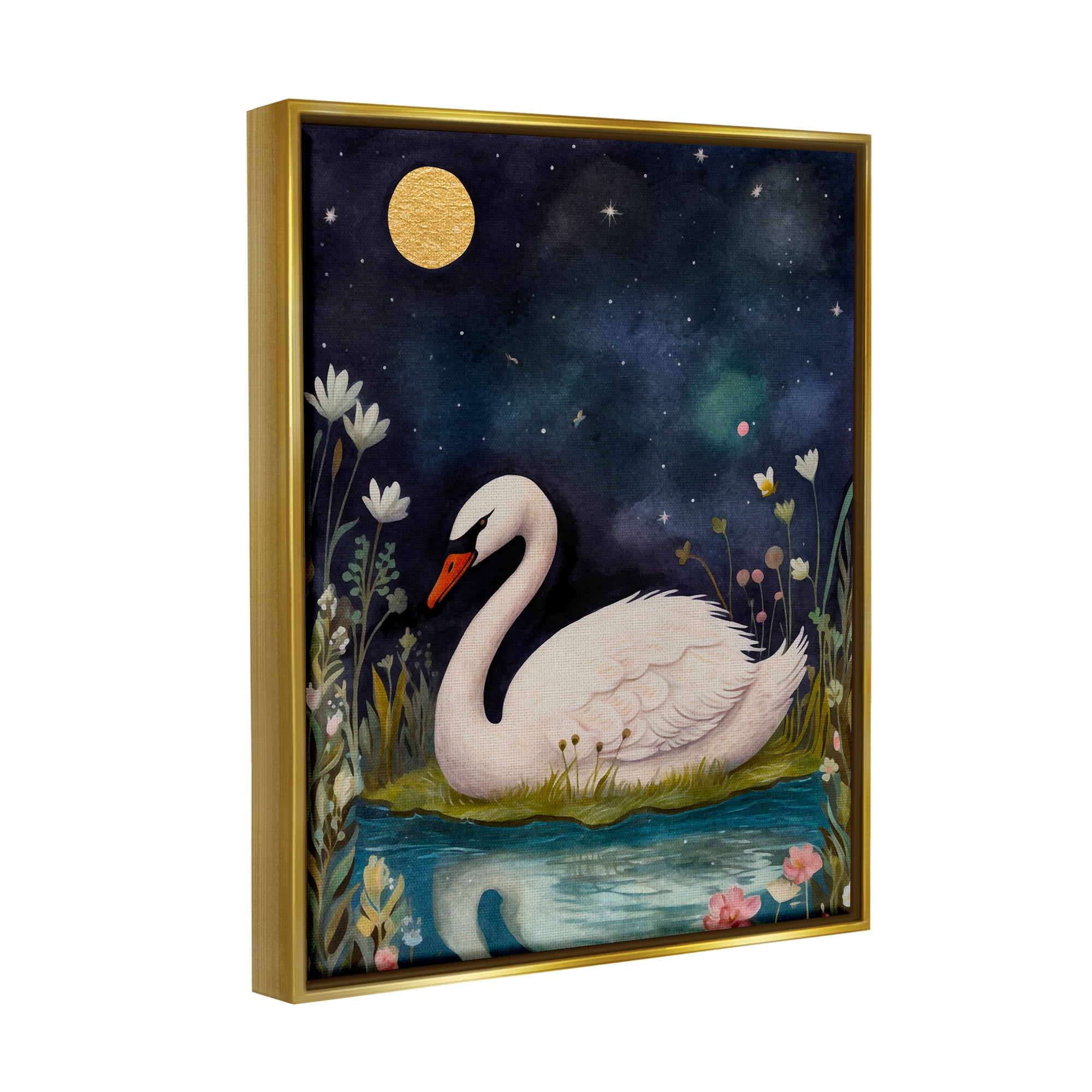 Stupell Industries Sleeping Swan Night Sky Animals & Insects Painting Gold Floater Framed Canvas Art Print Wall Art, 17 x 21