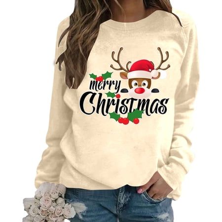 FYEGRE Snowman Cheers Sweatshirts Women Long Sleeve Christmas Graphic Tees Funny Xmas Tops Beige M