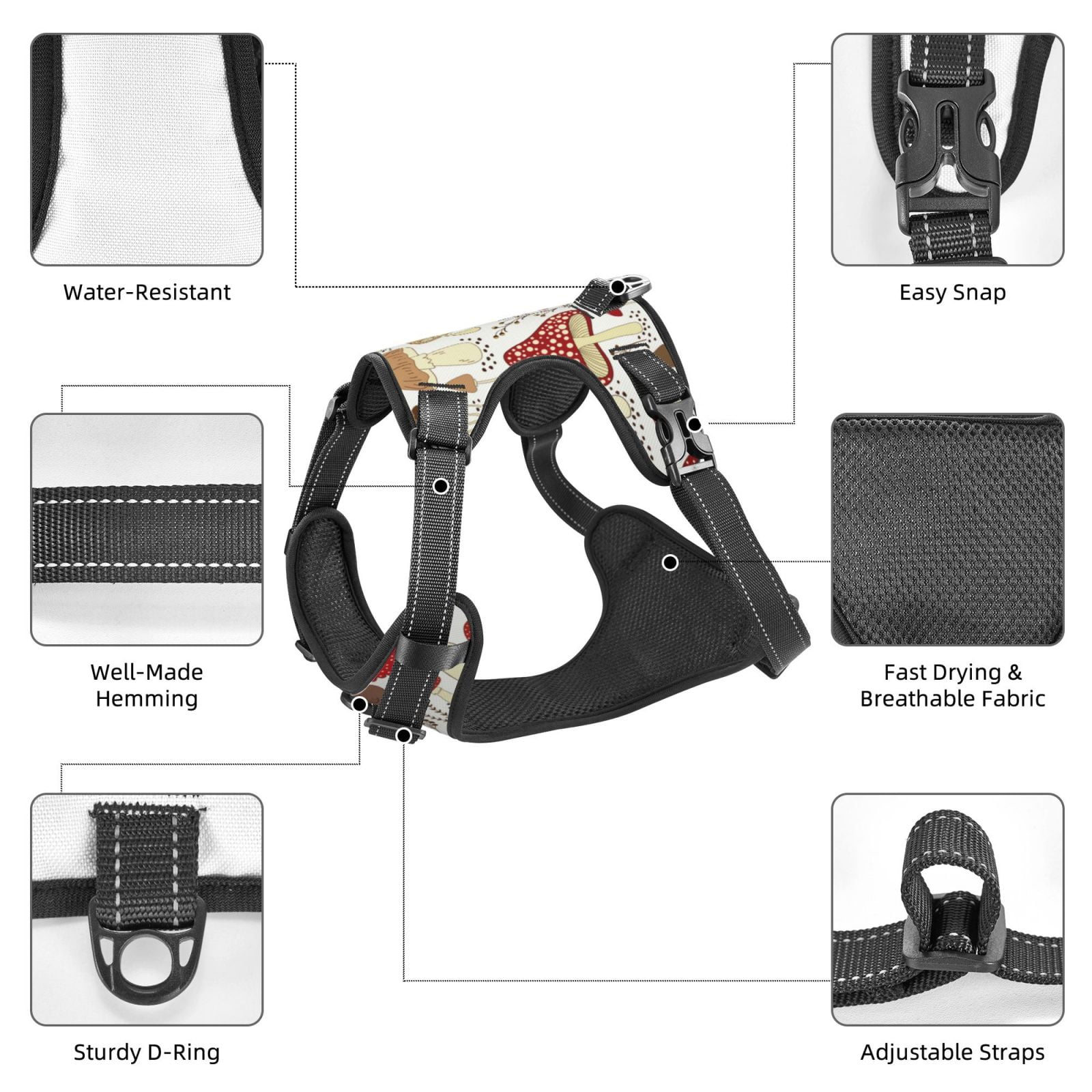 Vsdgher Cartoon Mushrooms Pattern Dog Harness,No Pull Pet Harness with Soft Padded Handle,Adjustable Reflective Vest with 2 Buckles,4 Slide Buckles,S-XL Medium
