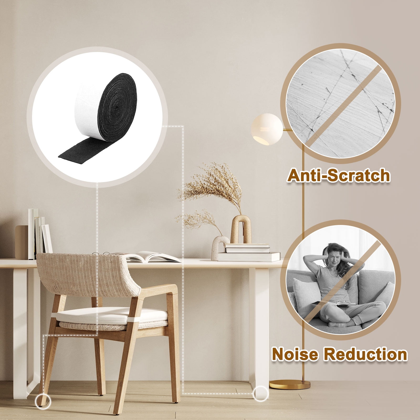 Felt Strips with Adhesive Backing, 2 Pack 1-4/7" x 197" x 0.06" Adhesive Felt Strips Anti Scratch Furniture Felt Tapes Self-Stick Felt Pads for Protecting Hardwood Floor, Black