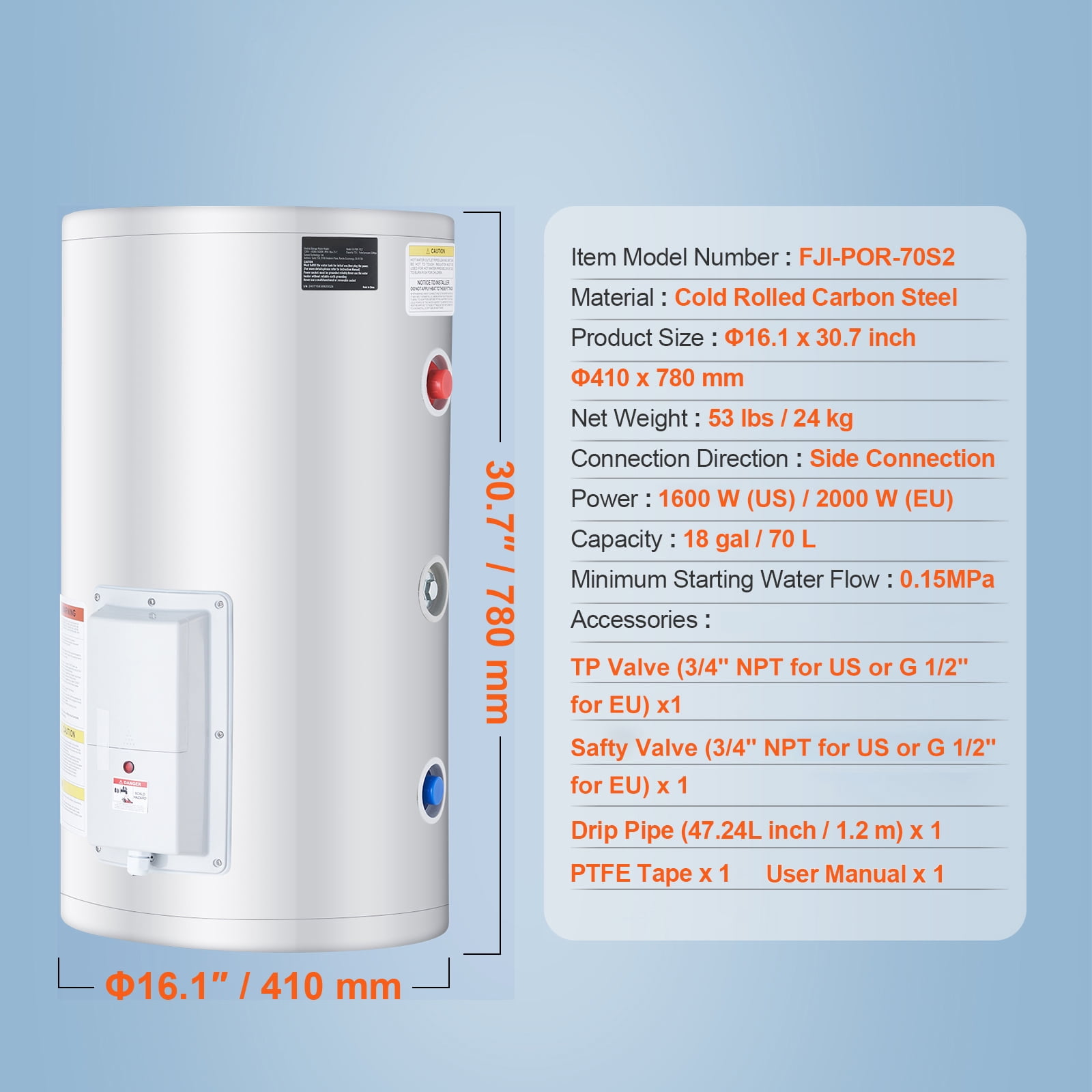 KFFKFF Electric Tank Water Heater, 18-Gallon Tank with LED Heating Indicator, 1.6kW Knob Control, IPX4 Waterproof, Side Connection 120V Storage Design with T&P Valve for Small Spaces, RVs,