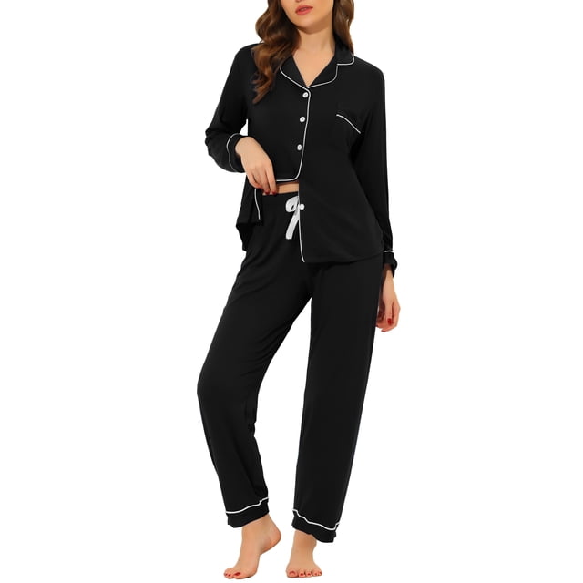 INSPIRE CHIC Women's Sleepwear Pajamas Modal Button Down Long Sleeves Tops with Pants Loungewear Set M Black