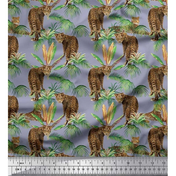 Soimoi Modal Satin Fabric Leaves & Leopard Jungle Fabric Prints by Yard 42 Inch Wide