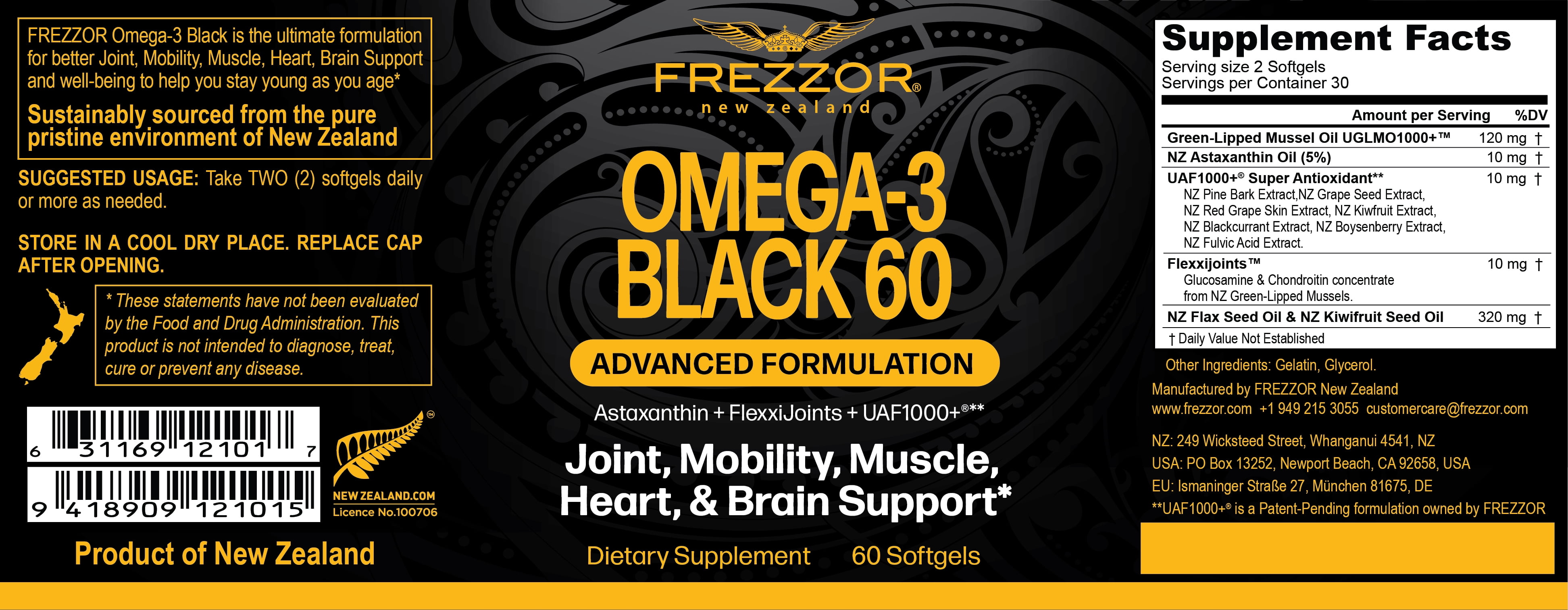 FREZZOR Omega-3 Black – Green-Lipped Mussel Oil, Joint & Heart Health, 300 Softgels, 5bottles