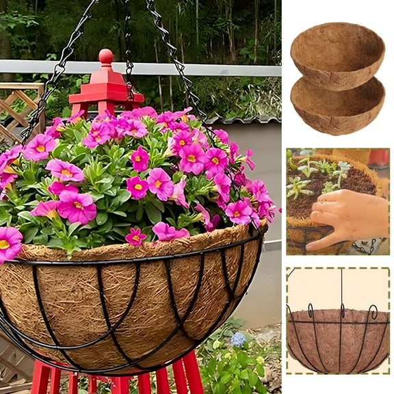 8" Round Fiber Hanging Basket Liners-2 Pack Thick 4" Deep Pot Liners for Flowers Herbs & PottedNatural Breathable Cocoa Mat for Gardening & Home Decor