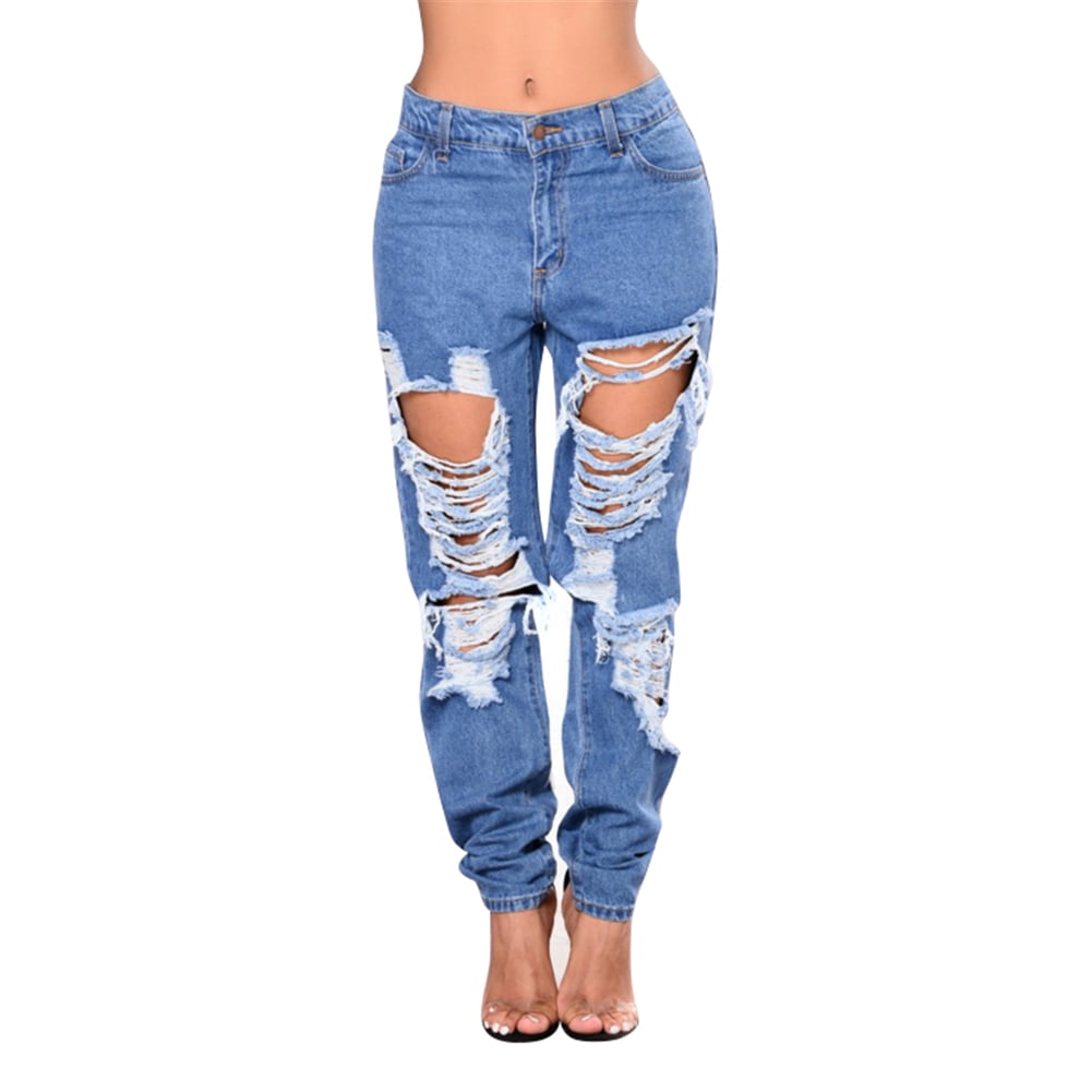 Viugreum - Women Stretch Distressed Ripped Blue Skinny Denim Jeans ...